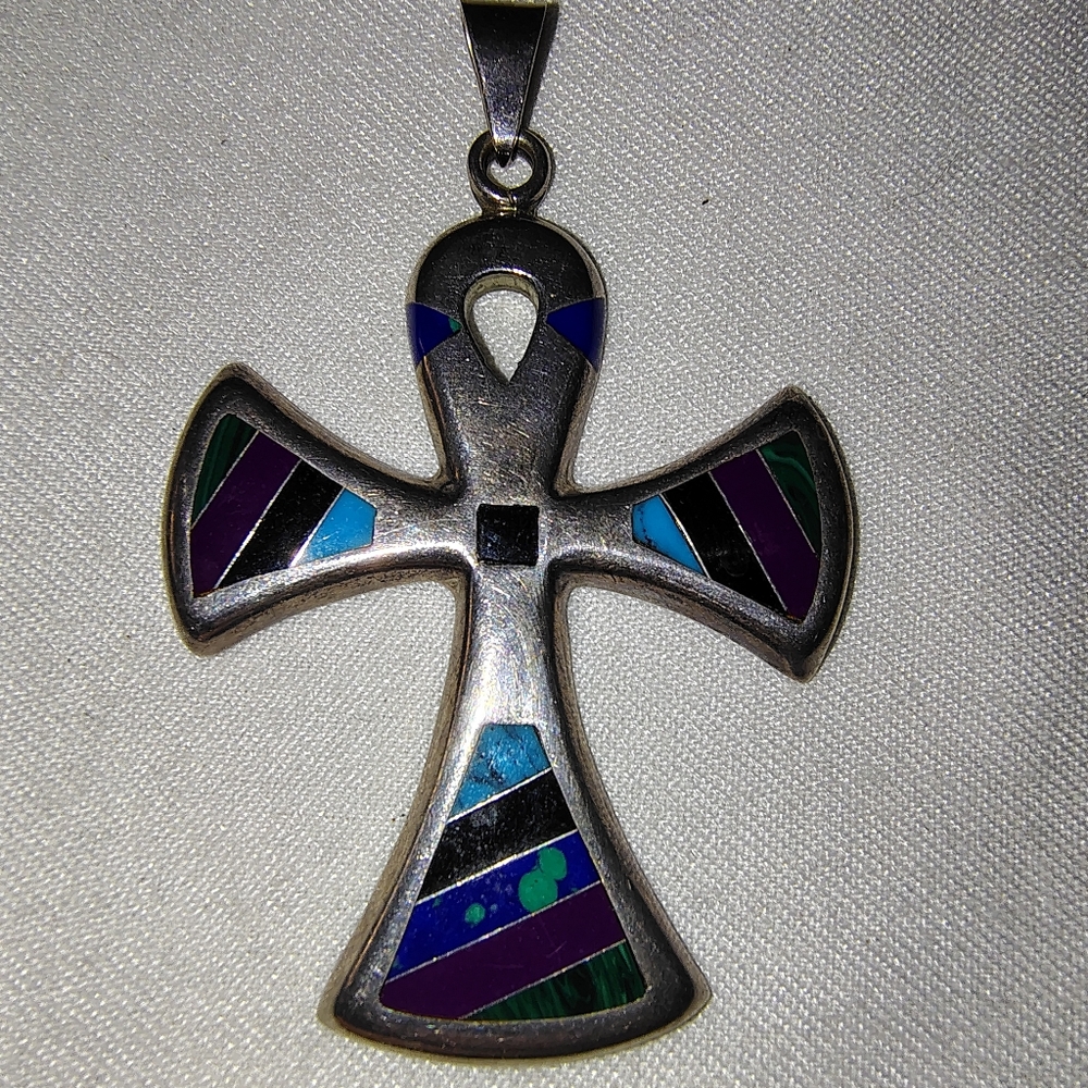🩶925 Sterling Silver Egyptian Ankh w/ Stone Inlay 925  CII Mexico - Picture 4 of 10